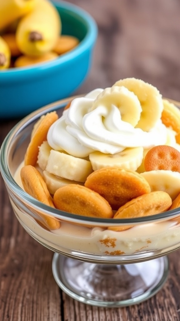 A layered banana pudding dessert with vanilla pudding, bananas, and wafers, topped with whipped cream.